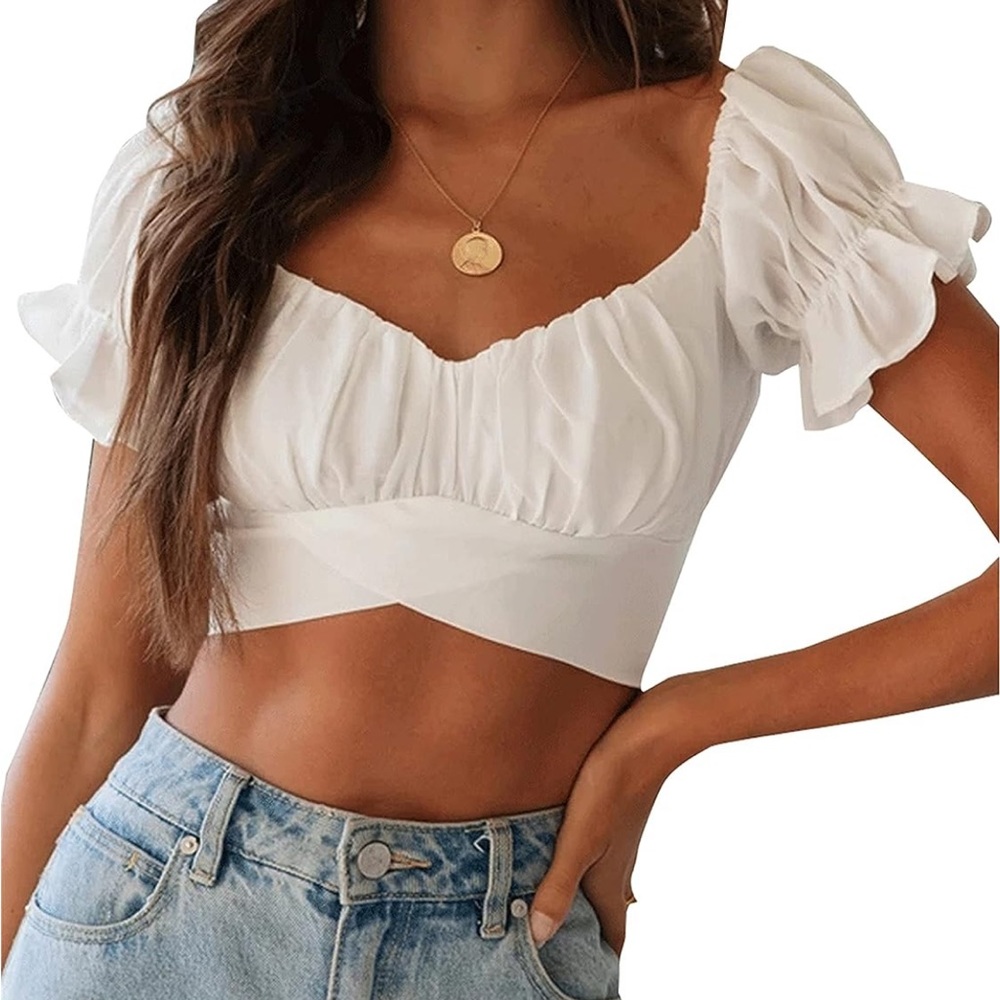 Ruffle Short Sleeve Tie Up Back Crop Top Off Shoulder Bardot Blouse